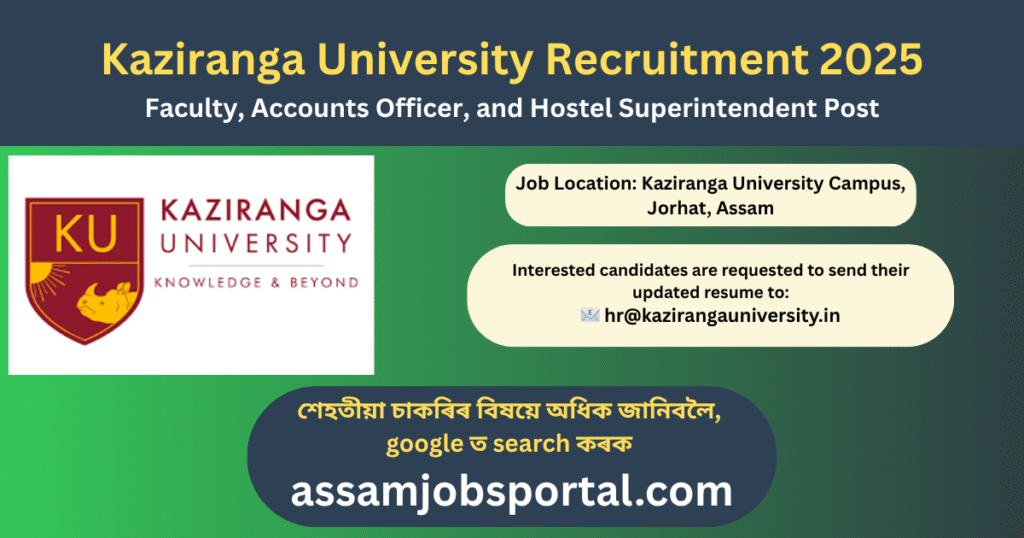 Kaziranga University Recruitment 2025: Faculty, Accounts Officer, and Hostel Superintendent Post