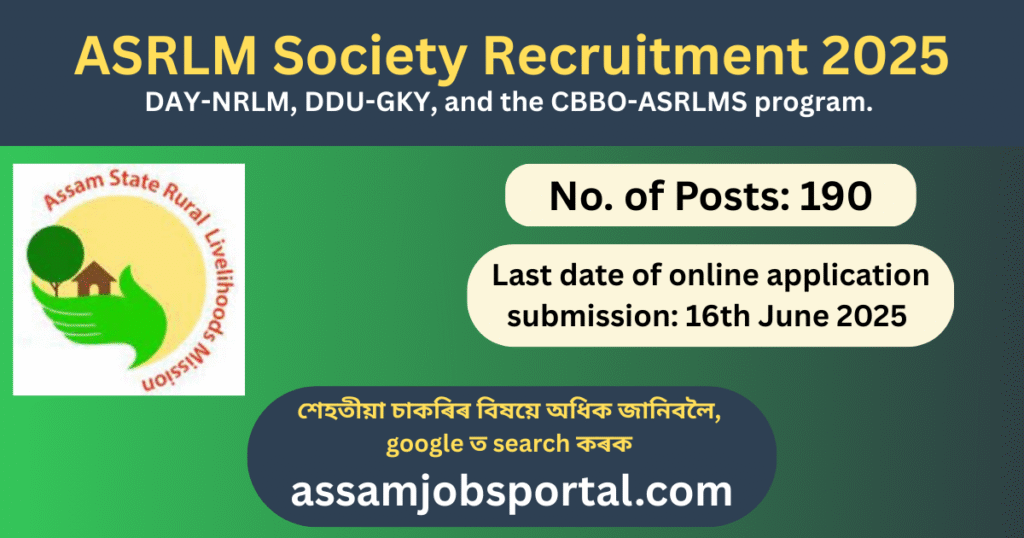 Assam State Rural Livelihood Mission, ASRLM Society Recruitment: Apply Online for 190 Vacancies