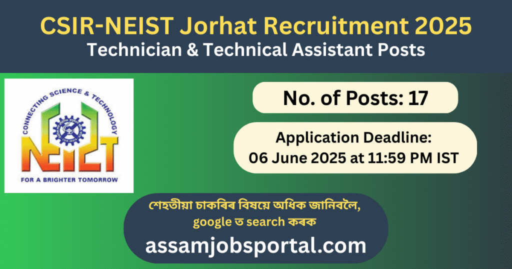CSIR-NEIST Jorhat Recruitment 2025: Apply Online for 17 Technician & Technical Assistant Posts